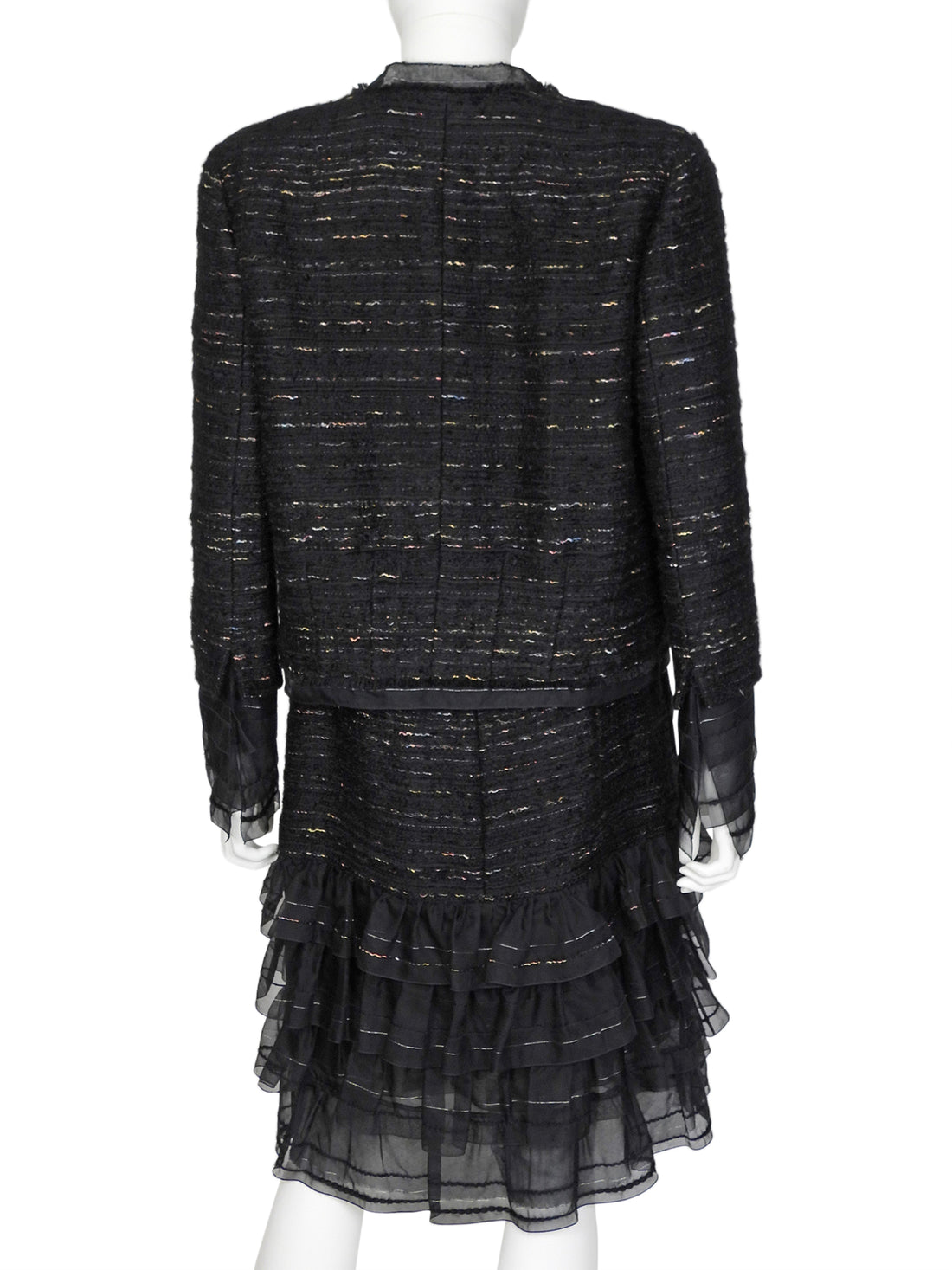 Chanel Black 04A Tweed Silk Ruffle Strappy Dress and Jacket Set 42