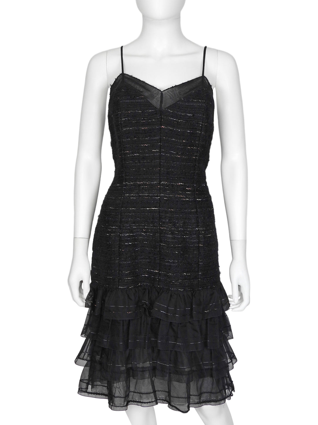 Chanel Black 04A Tweed Silk Ruffle Strappy Dress and Jacket Set 42