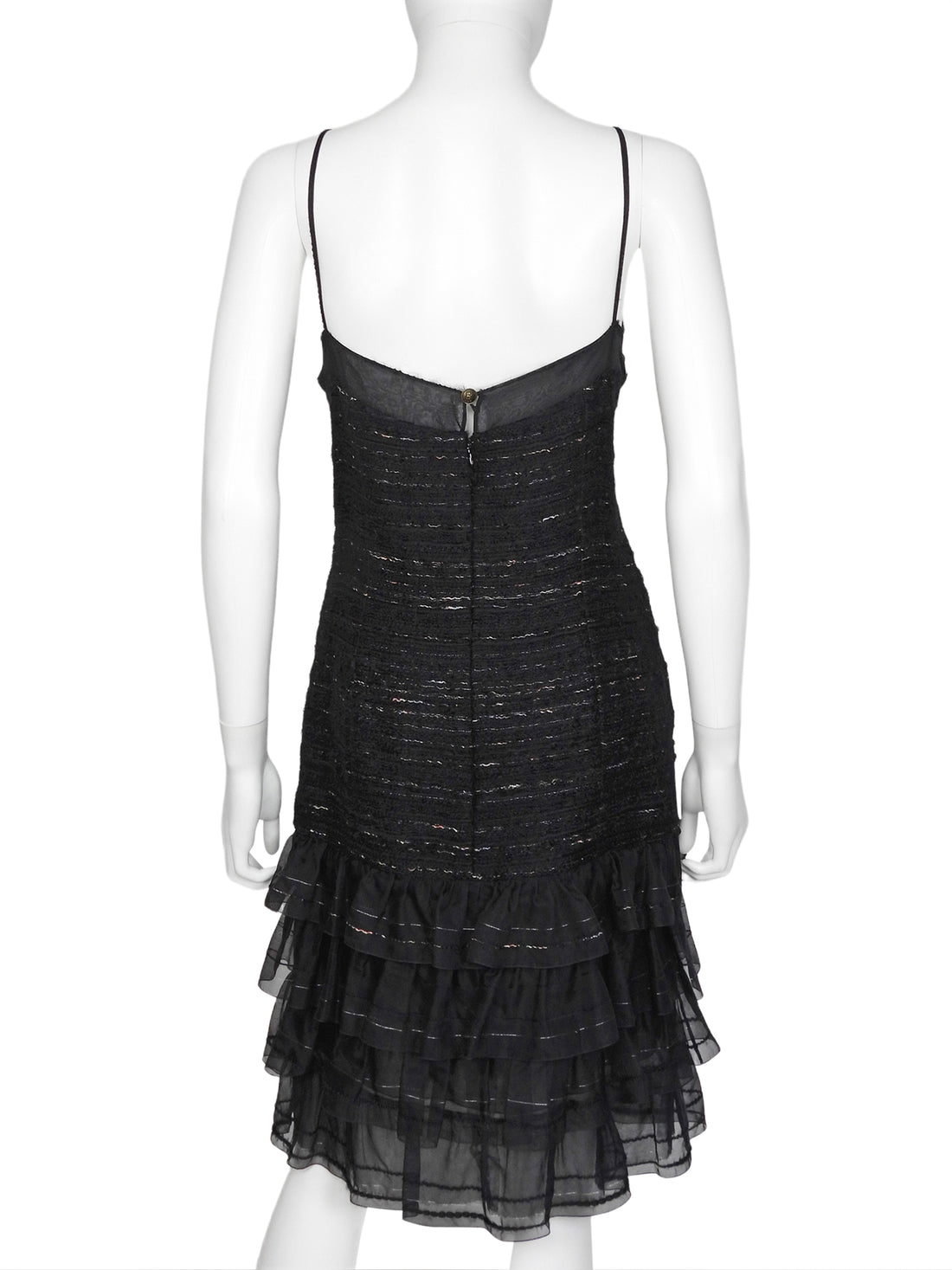 Chanel Black 04A Tweed Silk Ruffle Strappy Dress and Jacket Set 42