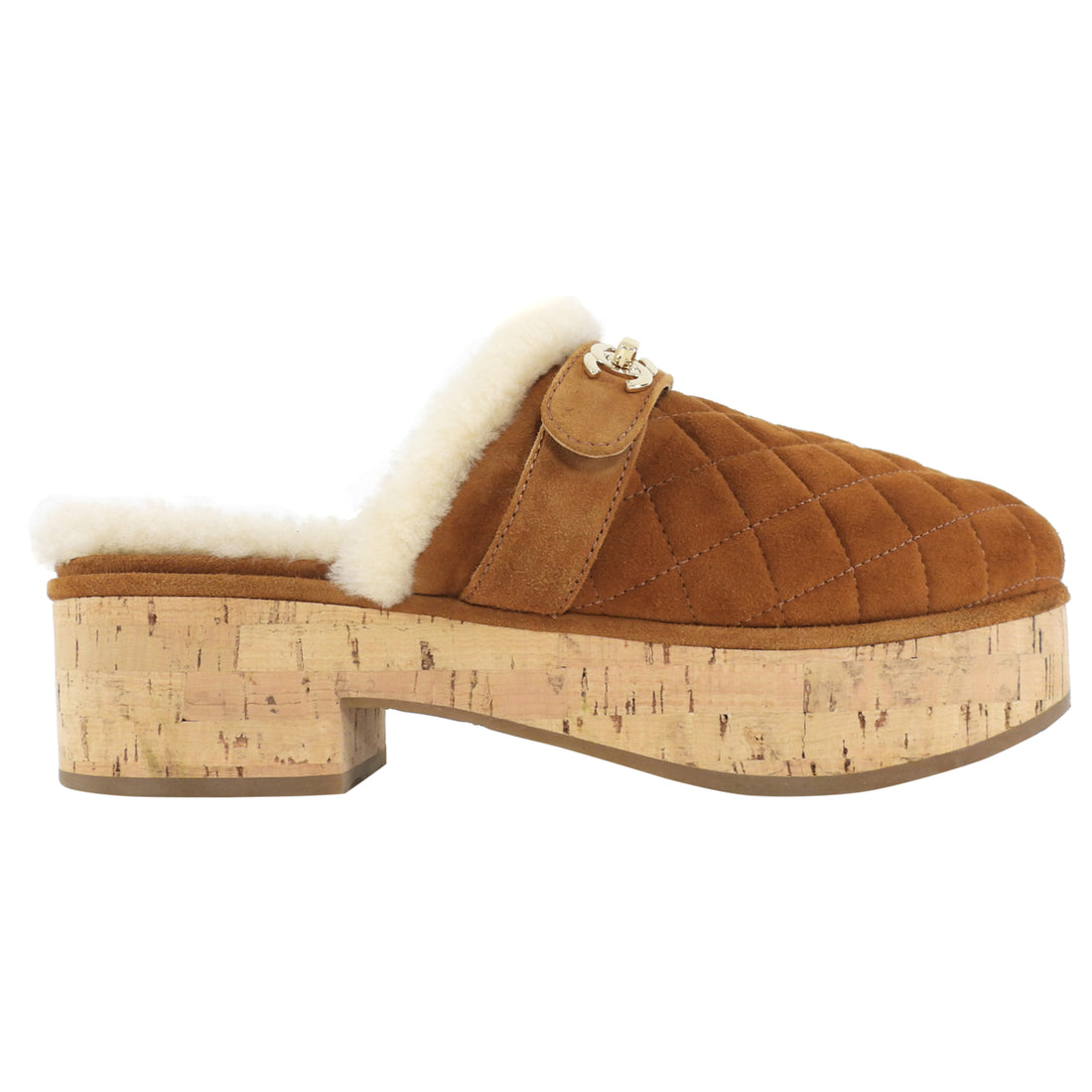 Chanel 21A Brown Shearling CC Turn Clasp Quilt Cork Mules - 37