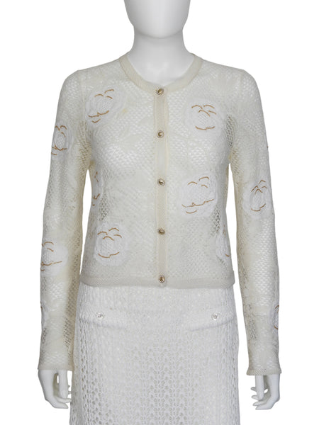 Chanel White 26C Camelia Crochet Cardigan with Crystal Buttons - 38