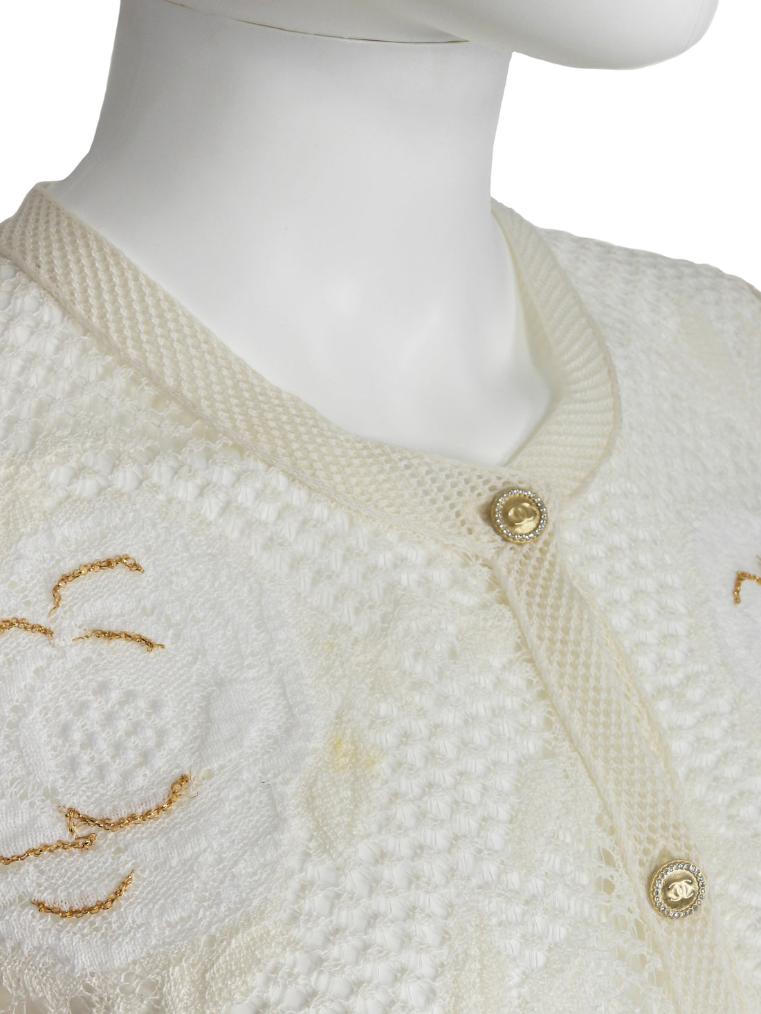 Chanel White 26C Camelia Crochet Cardigan with Crystal Buttons - 38