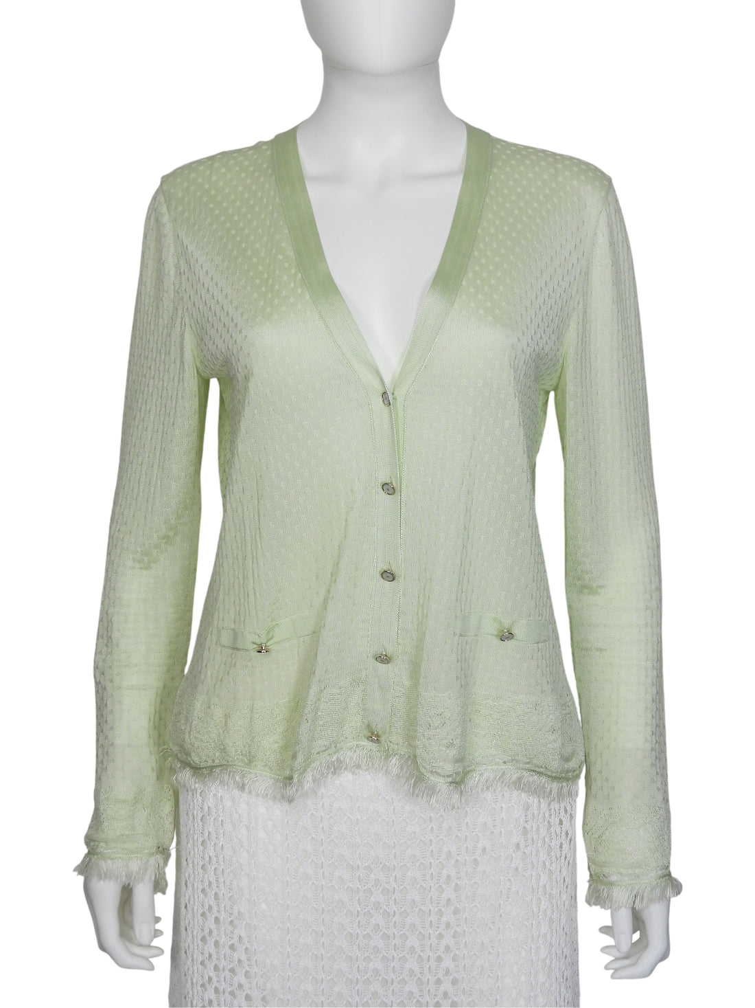 Chanel Light Green 26P Fine Knit Fringe Cardigan Sweater - 40
