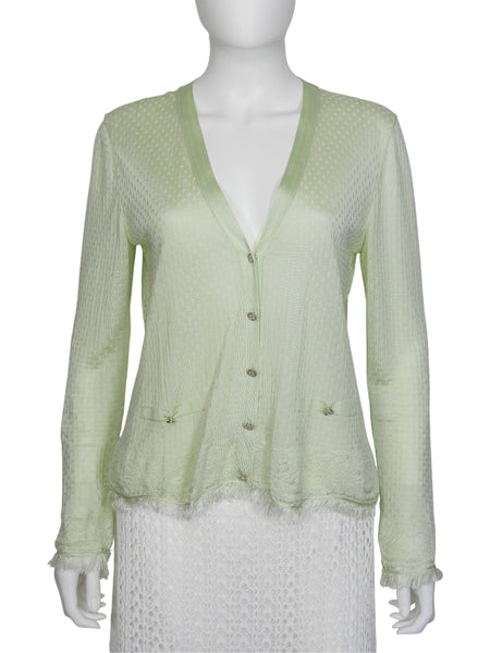 Chanel Light Green 26P Fine Knit Fringe Cardigan Sweater - 40