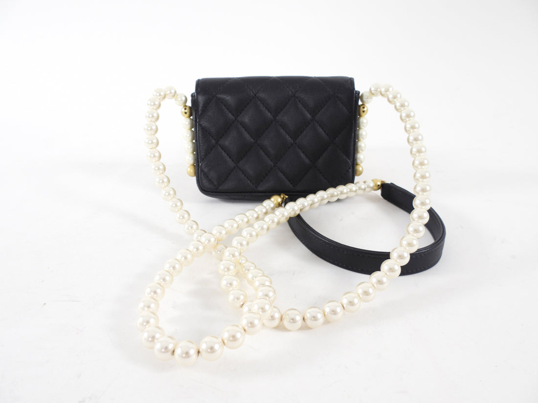 Chanel Black About Pearls Mini Card Holder on Strap