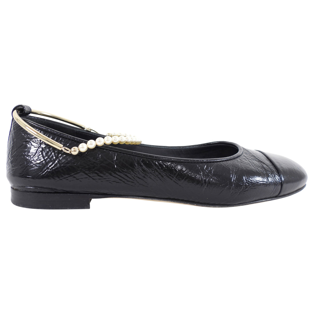 Chanel Black Patent Cap Toe Ballet Pearl CC Anklet Charm Flats - 37C