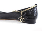 Chanel Black Patent Cap Toe Ballet Pearl CC Anklet Charm Flats - 37C