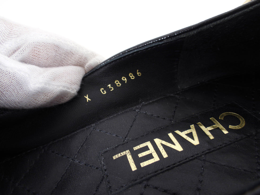 Chanel Black Patent Cap Toe Ballet Pearl CC Anklet Charm Flats - 37C