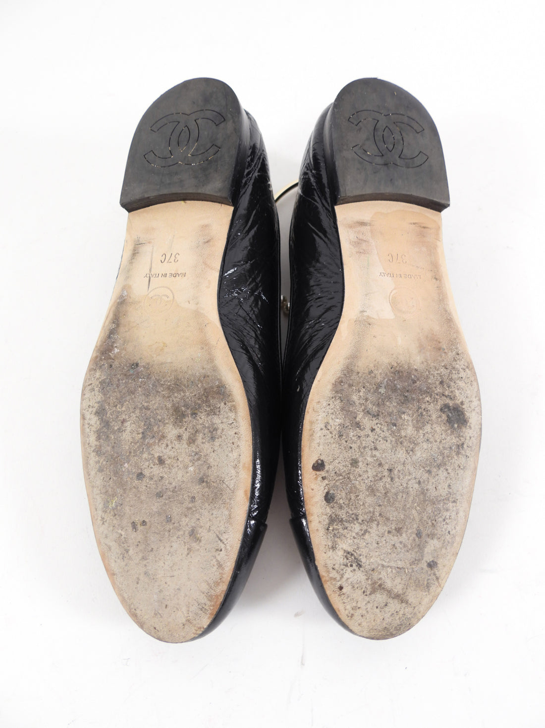 Chanel Black Patent Cap Toe Ballet Pearl CC Anklet Charm Flats - 37C