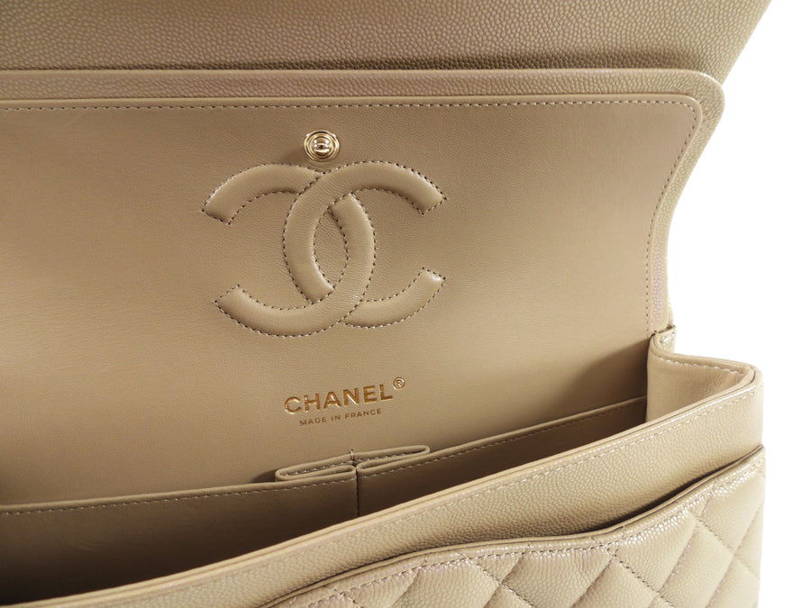 Chanel 21S Beige Iridescent Classic Medium Double Flap Caviar GHW