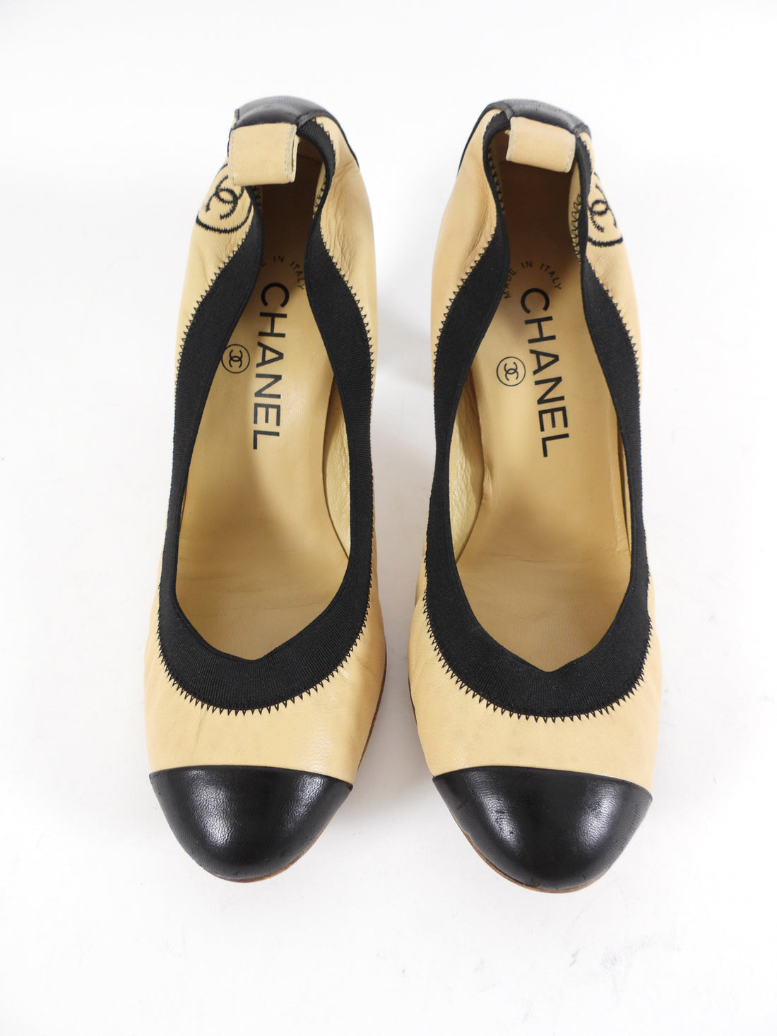 Chanel Beige and Black Cap Toe Elastic CC Pumps - 37 / 6.5