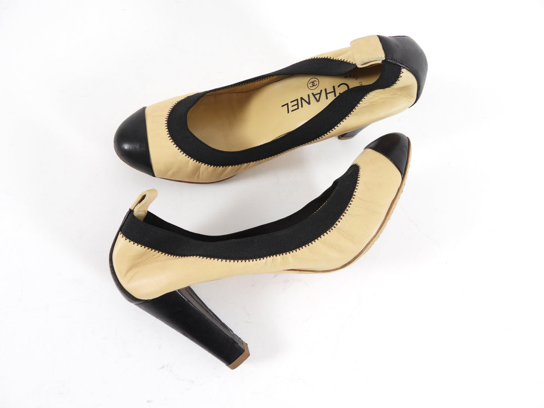 Chanel Beige and Black Cap Toe Elastic CC Pumps - 37 / 6.5