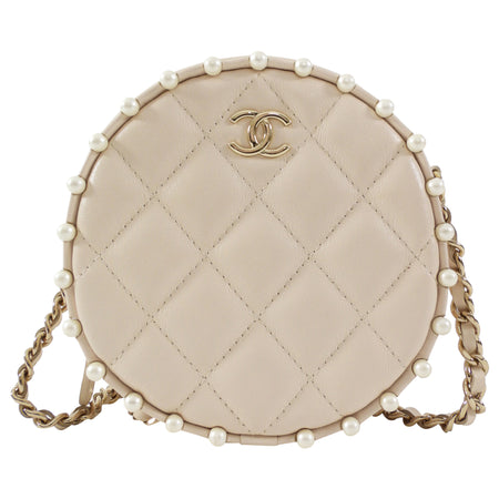 Chanel Light Beige Leather Mini Quilted Round Pearl Trim Crossbody Bag