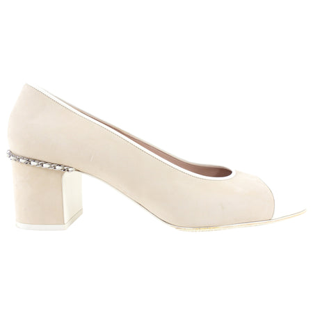 Chanel Light Beige Suede and White Patent Cap Toe Chain Pumps - 41 / 40