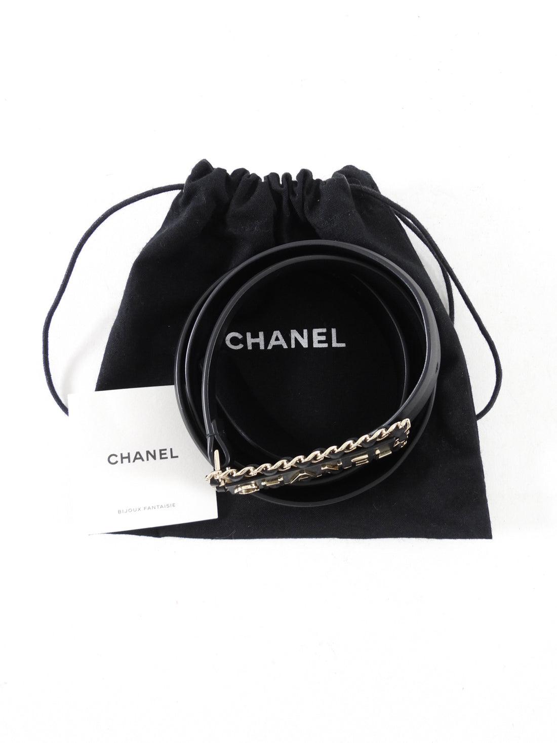 Chanel 18B Black Leather Chain Logo Spellout Buckle Belt - 80 / 32