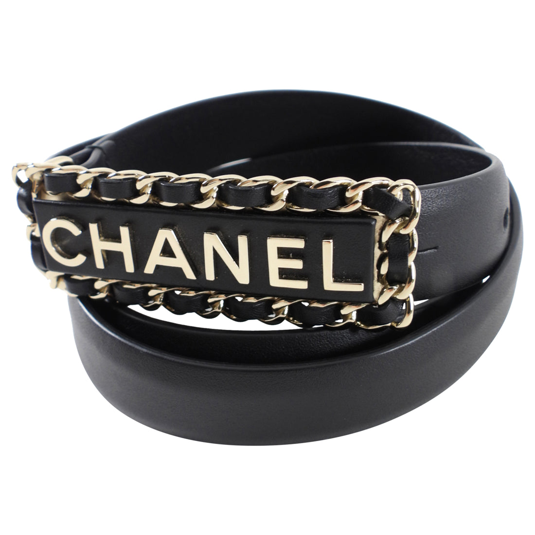 Chanel 18B Black Leather Chain Logo Spellout Buckle Belt - 80 / 32