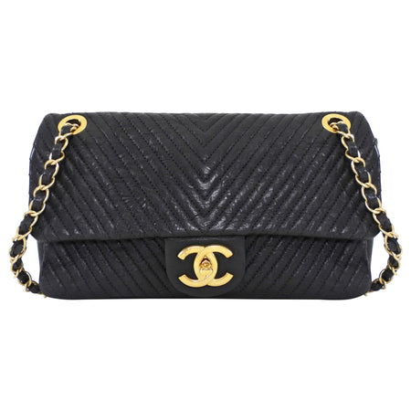Chanel Surpique Chevron Black Quilted Leather Medium Flap Bag