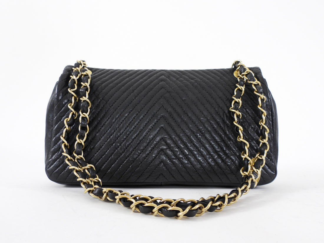 Chanel Surpique Chevron Black Quilted Leather Medium Flap Bag