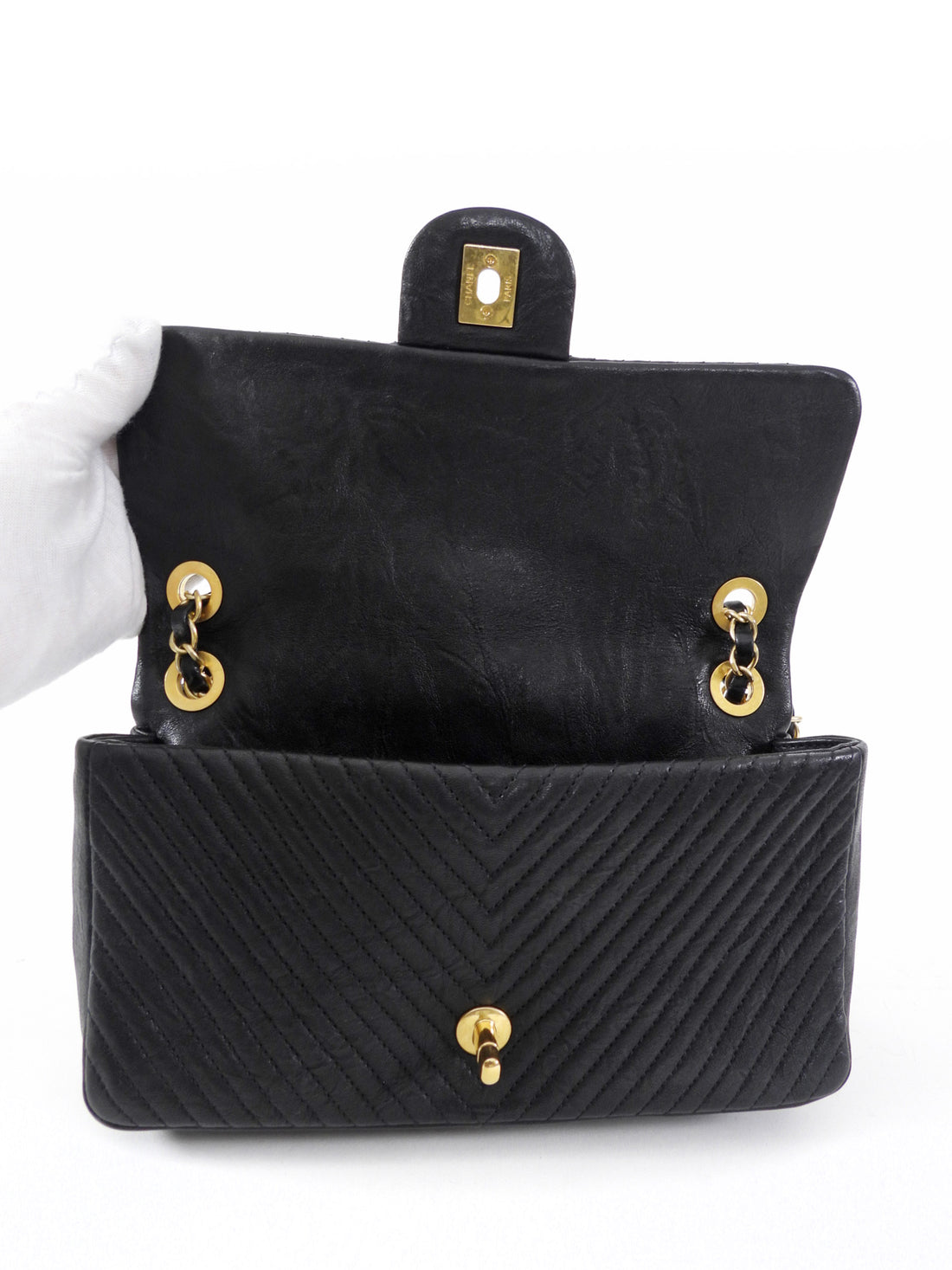 Chanel Surpique Chevron Black Quilted Leather Medium Flap Bag