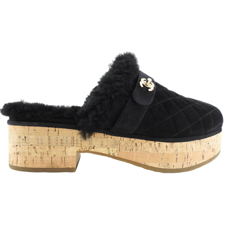 Chanel 21A Black Shearling CC Turn Clasp Quilt Cork Mules - 37