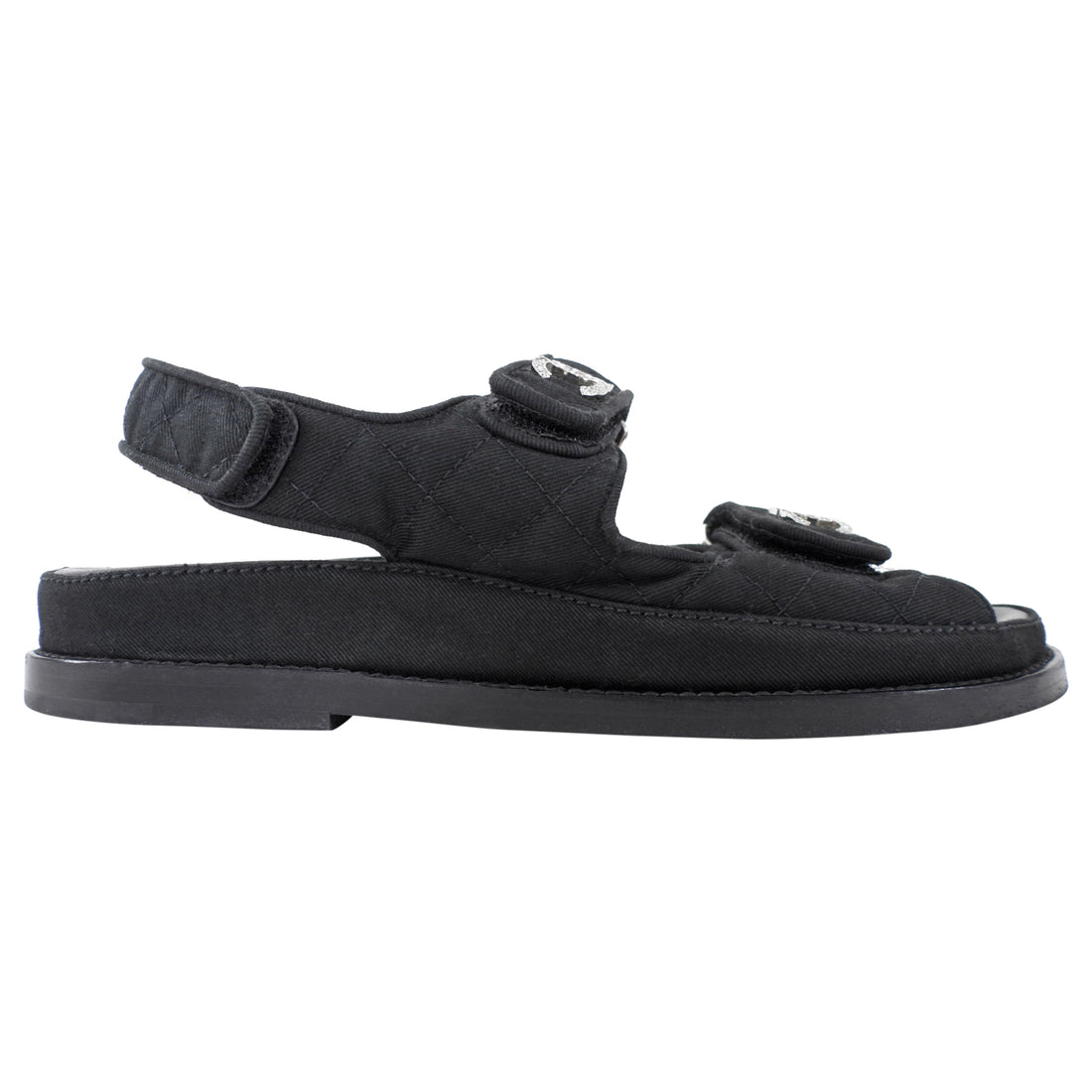 Chanel Black Canvas Quilted Crystal CC Dad Sandals - 37