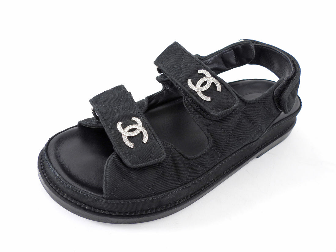 Chanel Black Canvas Quilted Crystal CC Dad Sandals - 37