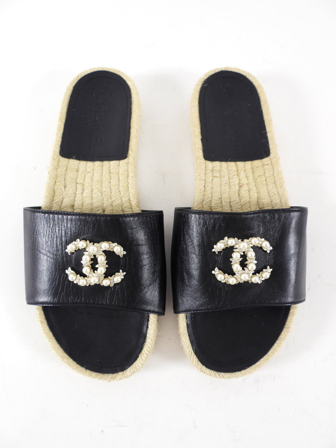 Chanel Black Leather CC Flat Espadrille Slides - 37 / 7