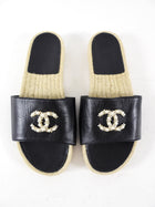 Chanel Black Leather CC Flat Espadrille Slides - 37 / 7