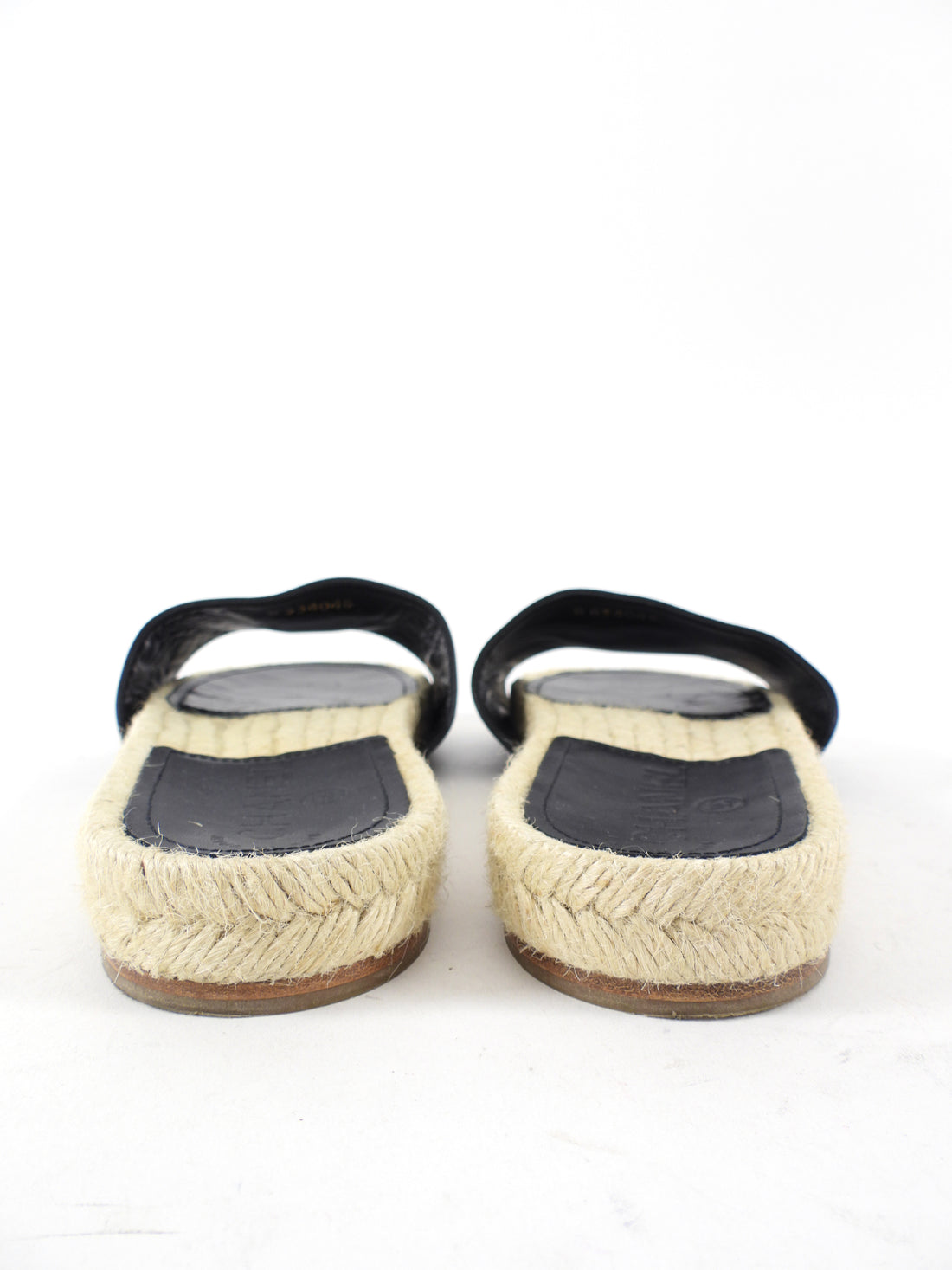 Chanel Black Leather CC Flat Espadrille Slides - 37 / 7