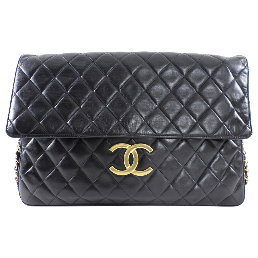 Chanel Vintage 1989 XXL CC Logo Quilted Chain Flap Clutch Bag