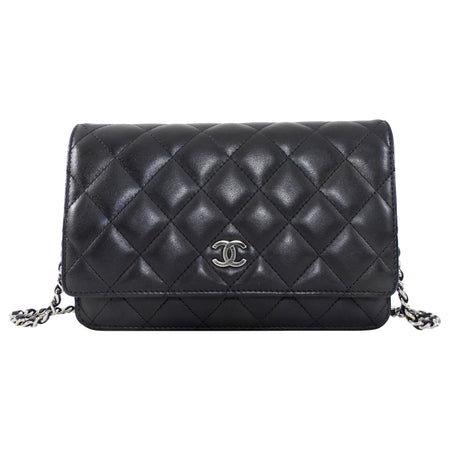 Chanel Black Calfskin Leather Quilted Timeless Wallet on Chain