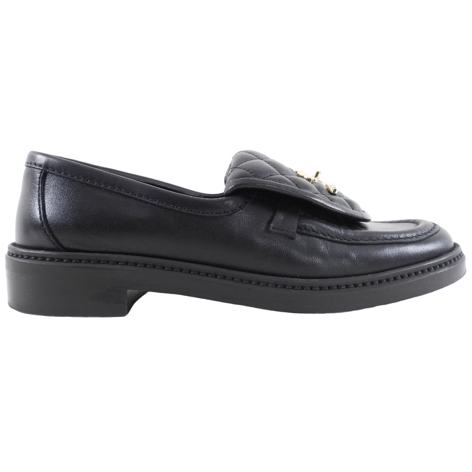 Chanel 22S Black Leather Quilted Flap CC Turnclasp Loafters - 37