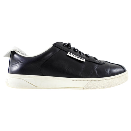 Chanel Black Leather and White Logo Court Sneakers - 36