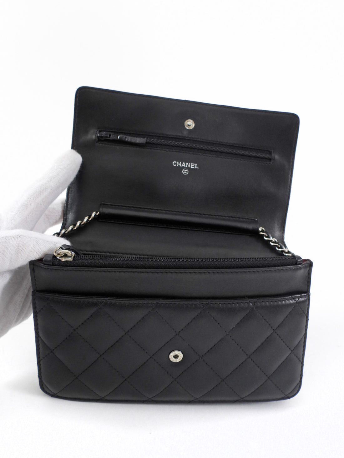 Chanel Black Calfskin Leather Quilted Timeless Wallet on Chain