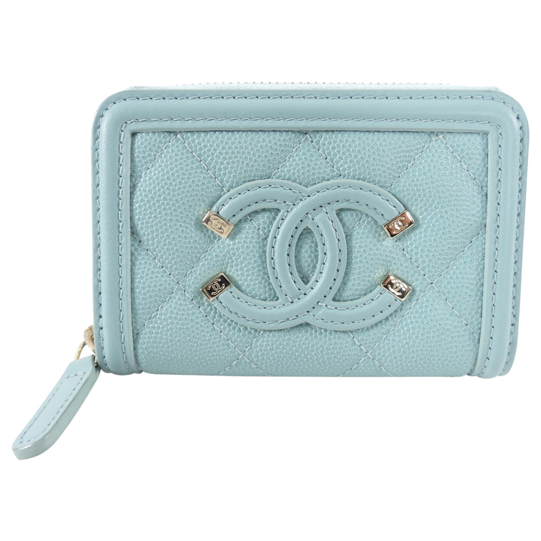 Chanel Light Blue Caviar Filigree CC Zip Wallet