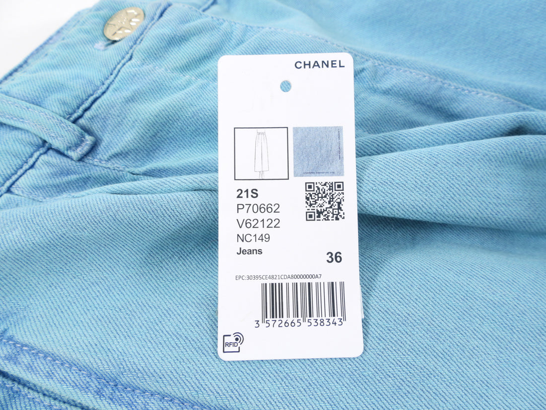 Chanel 21S Turquoise Blue Denim Wide Leg Jeans - 36