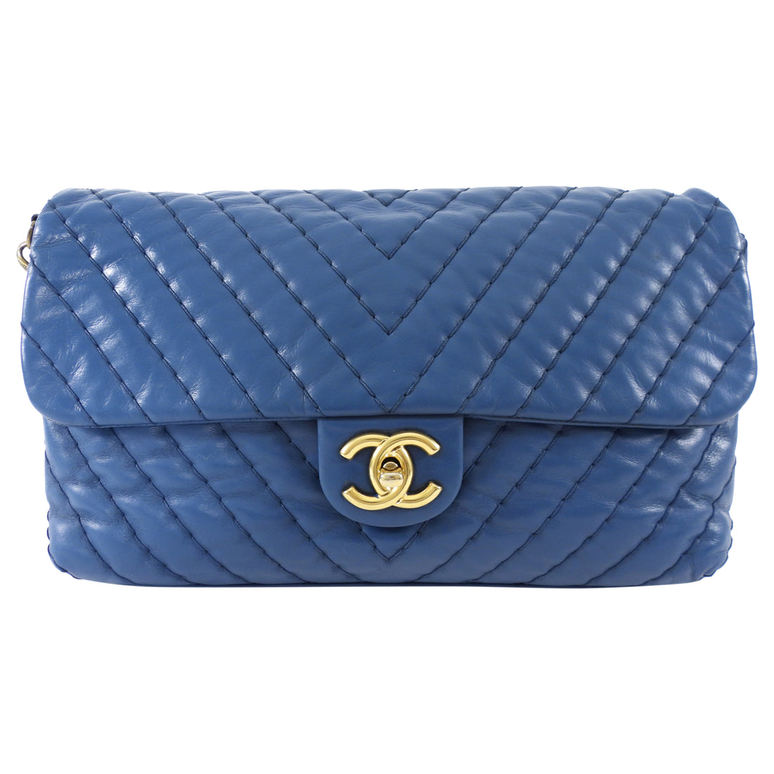 Chanel Blue Quilted Leather Chevron Flap Chain Bag