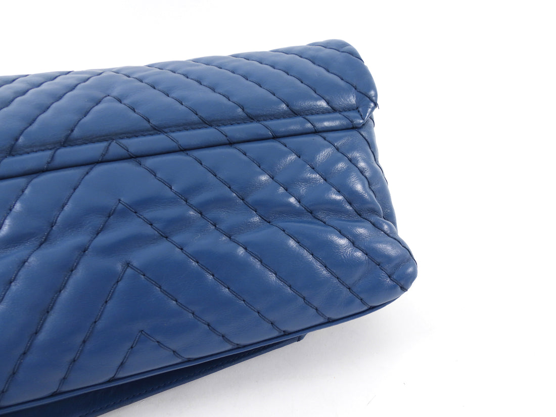 Chanel Blue Quilted Leather Chevron Flap Chain Bag