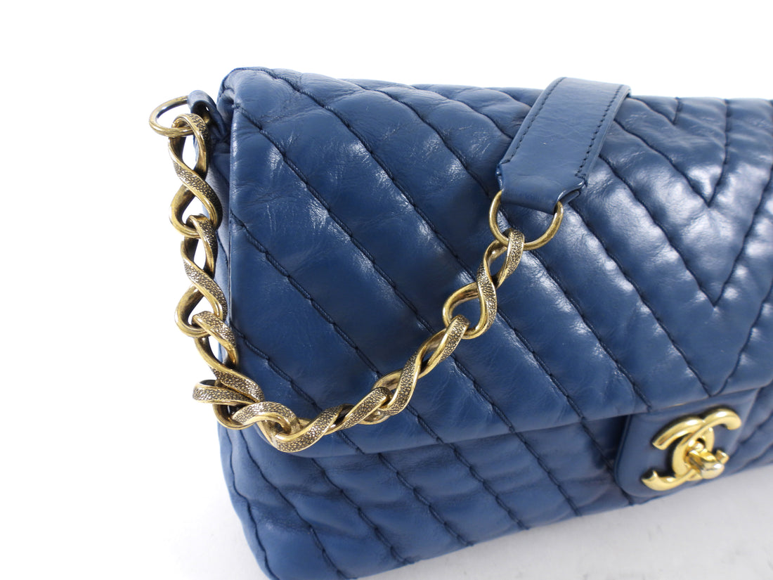 Chanel Blue Quilted Leather Chevron Flap Chain Bag