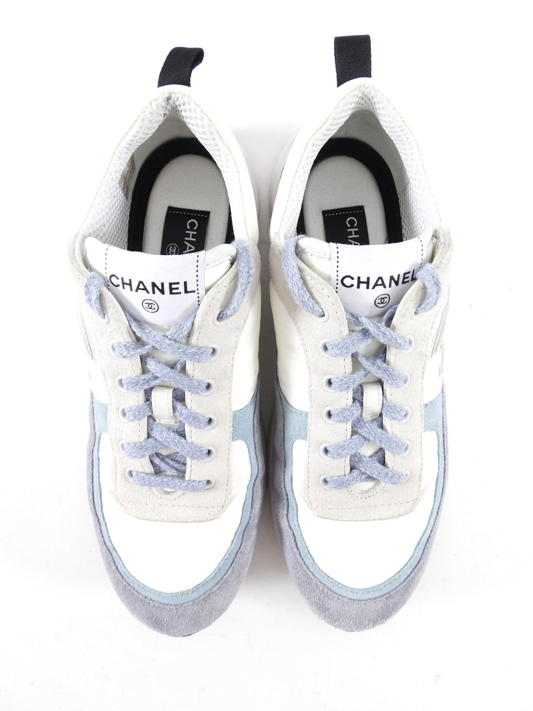 Chanel 22C White Blue Grey Nylon and Suede Interlocking CC Sneakers - 40
