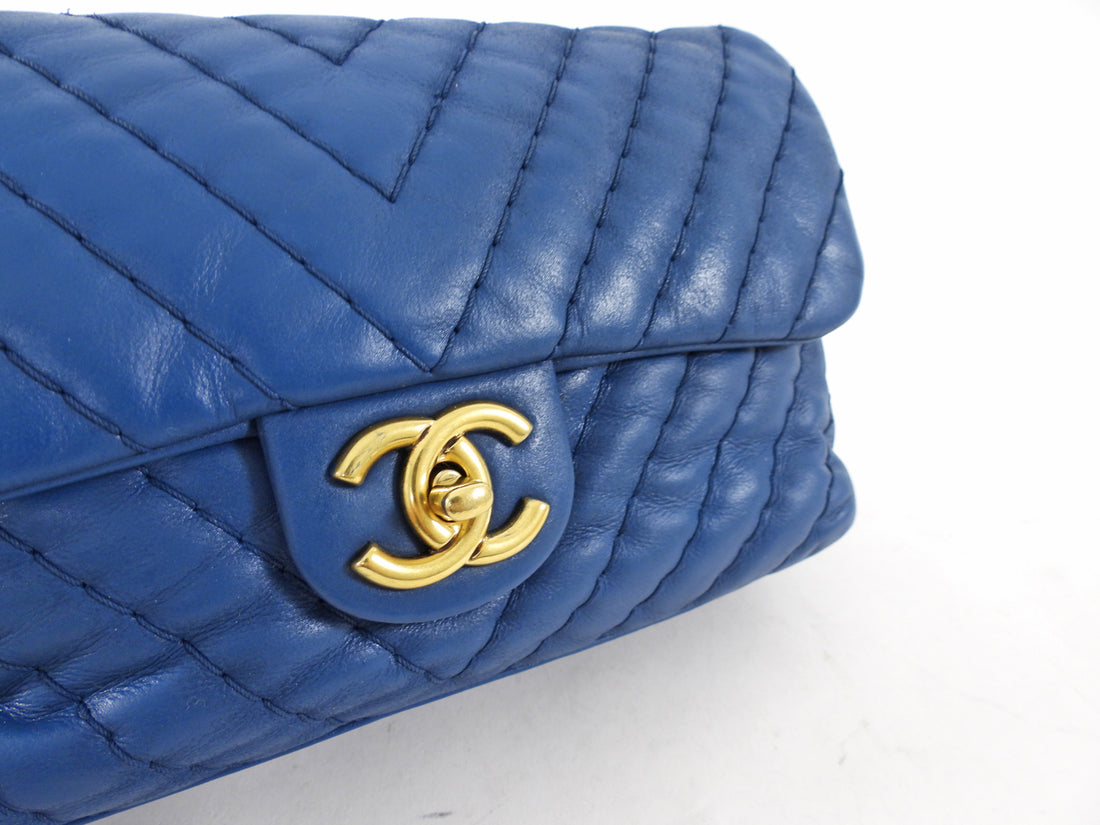 Chanel Blue Quilted Leather Chevron Flap Chain Bag