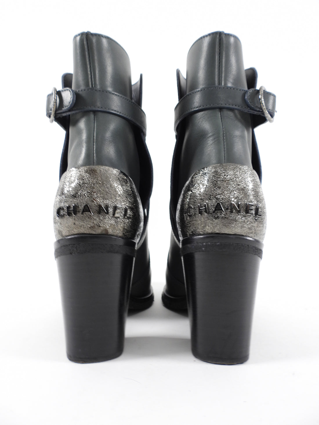 Chanel Grey Leather Logo Boots - 37
