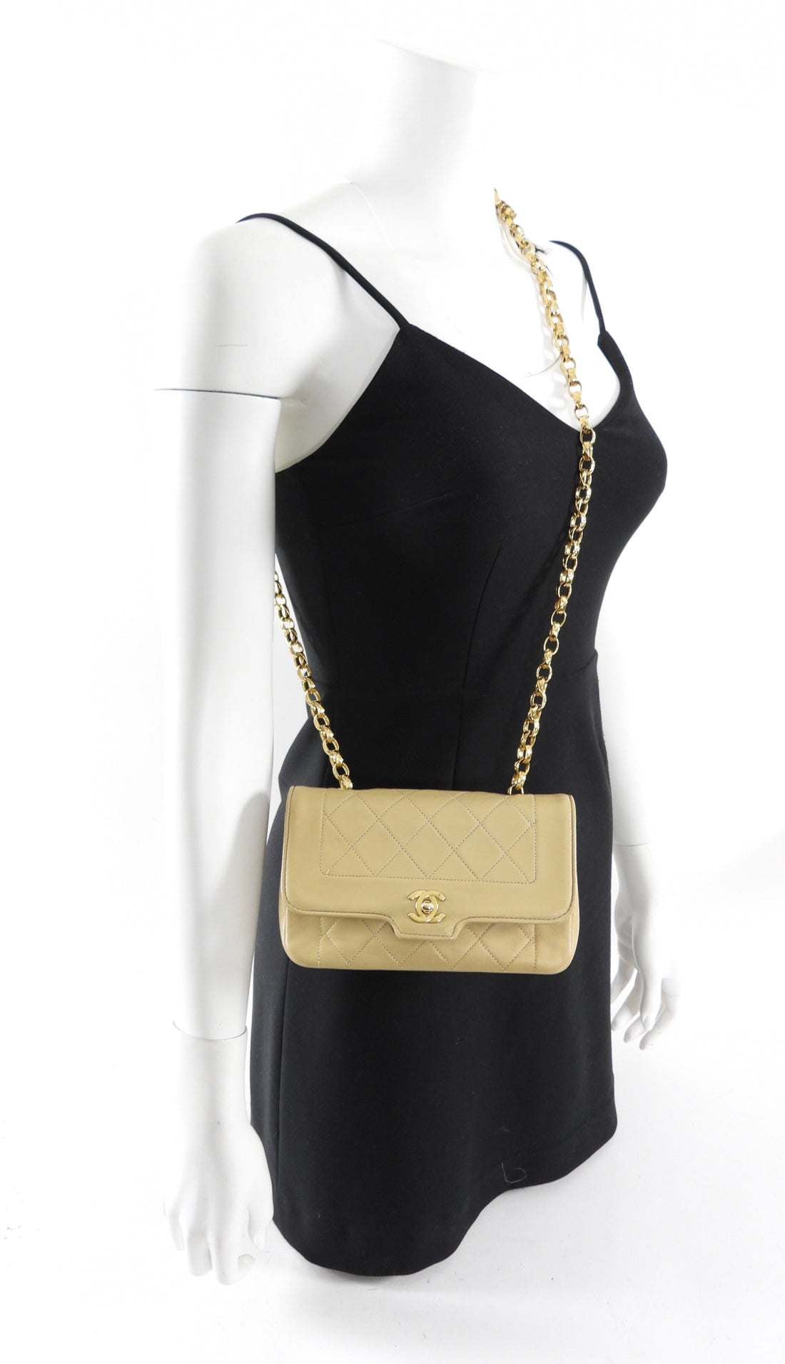 Chanel Vintage 1989 Beige Mini Quilted Border Chain Flap Bag