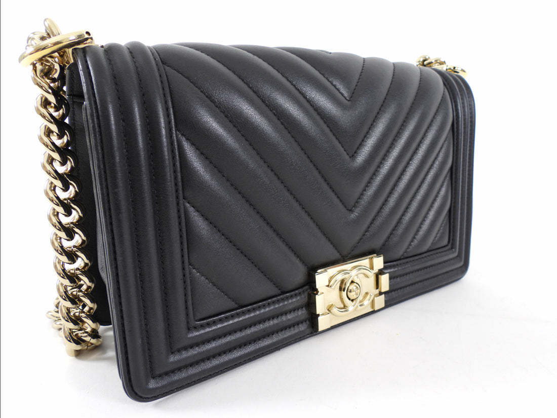 Chanel Black Chevron Quilted Leather Old Medium Le Boy Bag