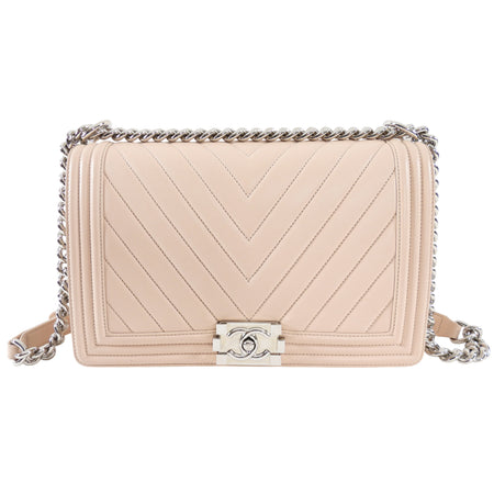 Chanel Nude Beige Chevron Quilted Leather Large Le Boy Bag