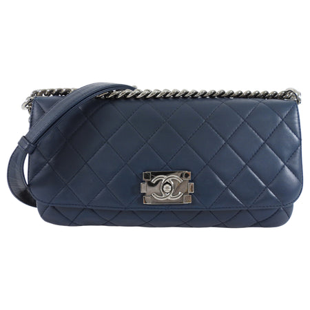 Chanel Navy Blue Quilted Leather Boy Clasp Flap Messenger Bag