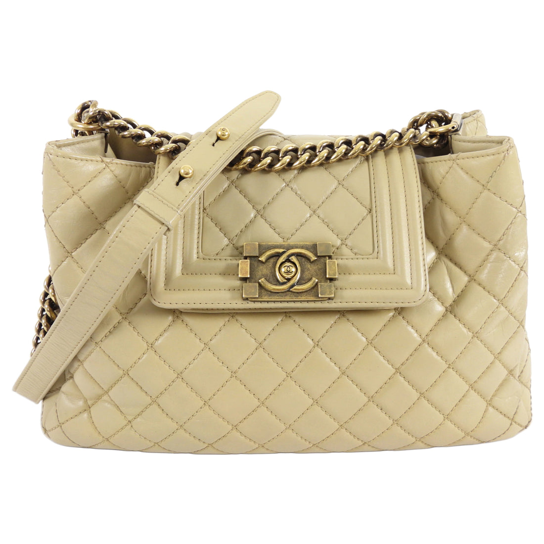 Chanel Beige Quilted Leather Boy Accordion Chain Tote Bag