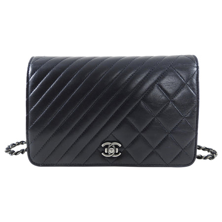 Chanel Coco Boy Black Leather Quilted Wallet on Chain