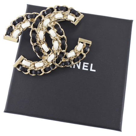 Chanel 22A Large Black and White Leather Woven Goldtone CC Brooch
