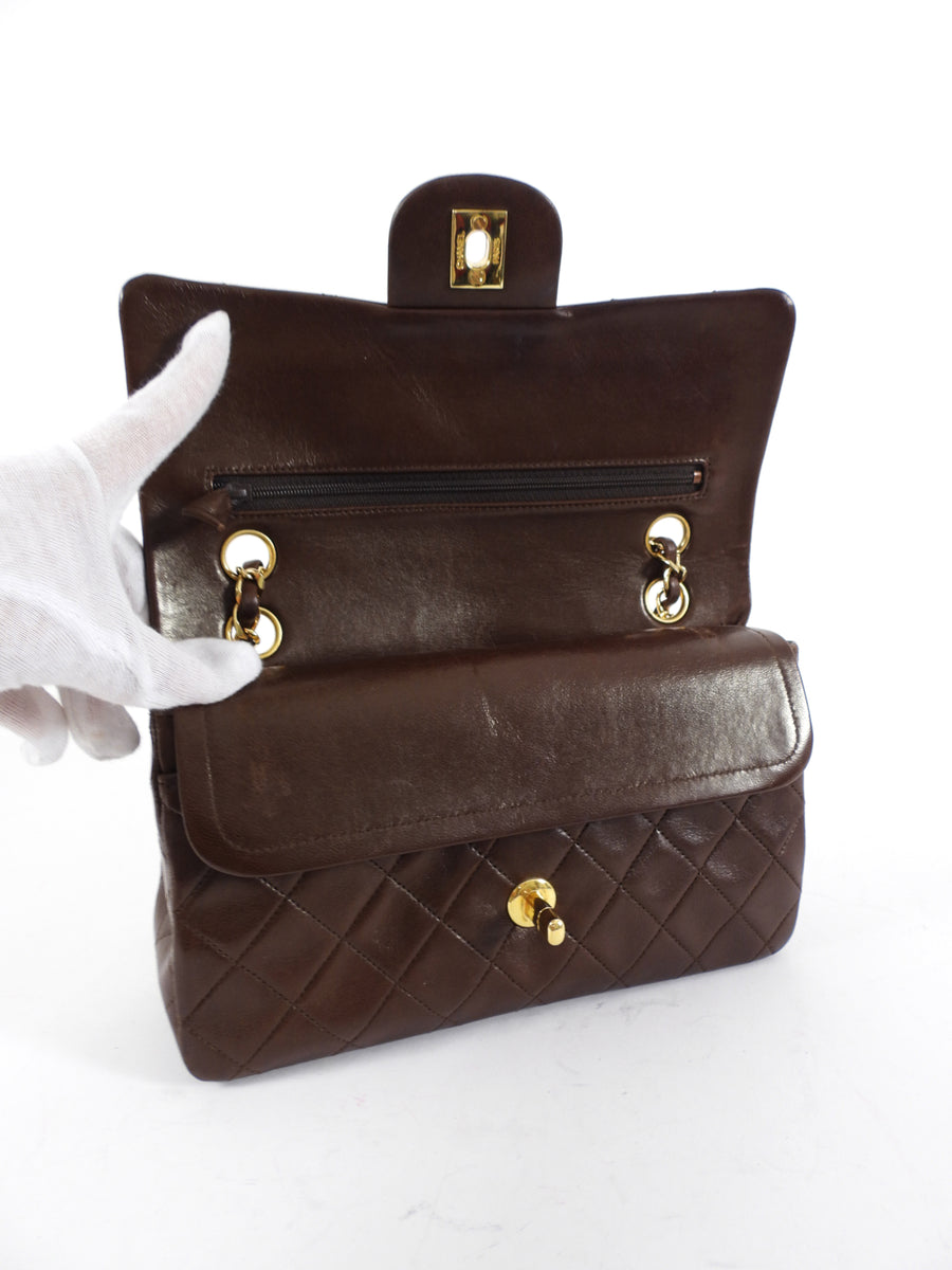 Chanel Vintage 1989 Chocolate Brown Lambskin Small Double Classic Flap Bag GHW